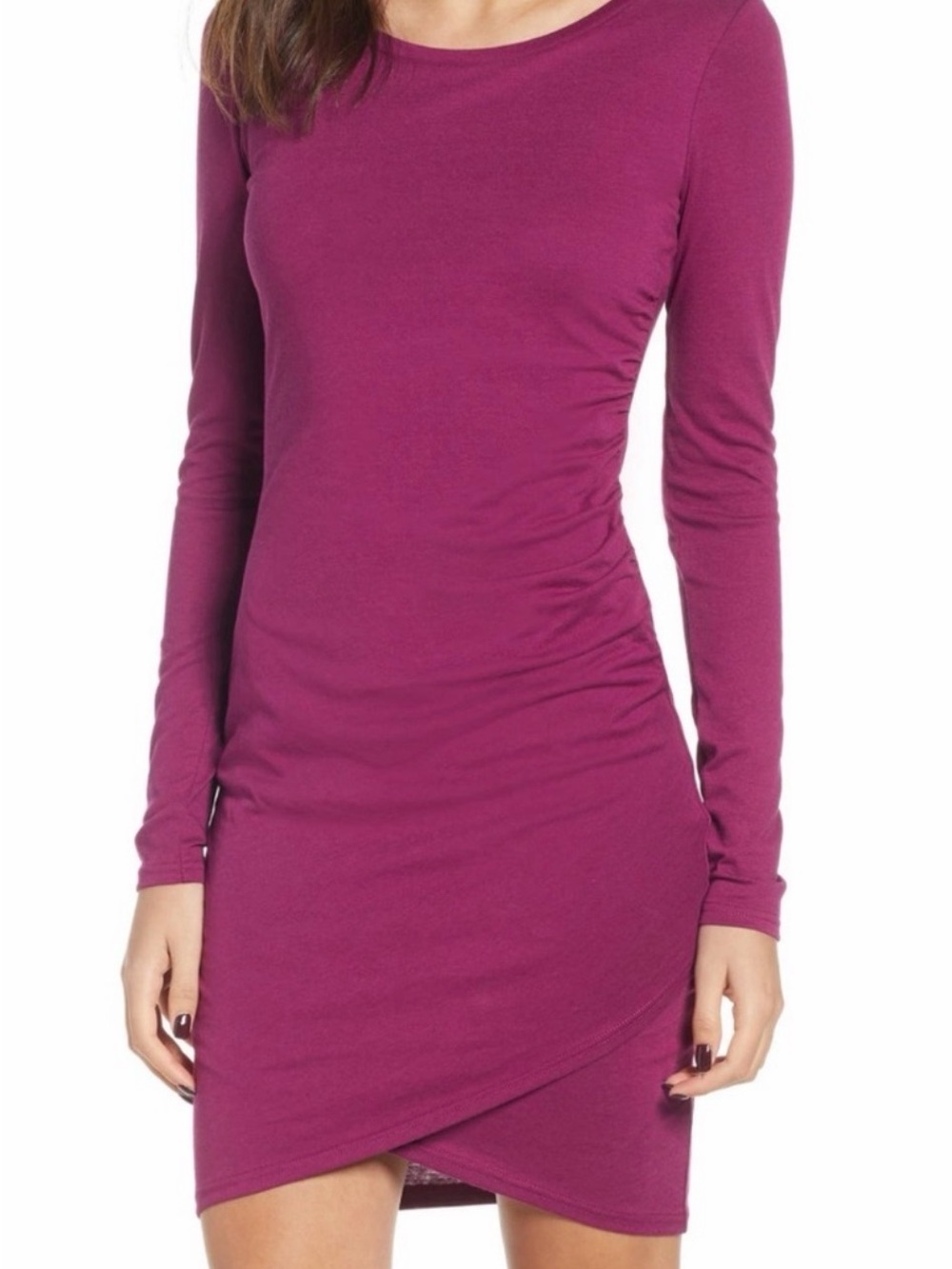 Leith Long Sleeve Ruched Tulip Hem Dress in Raspberry